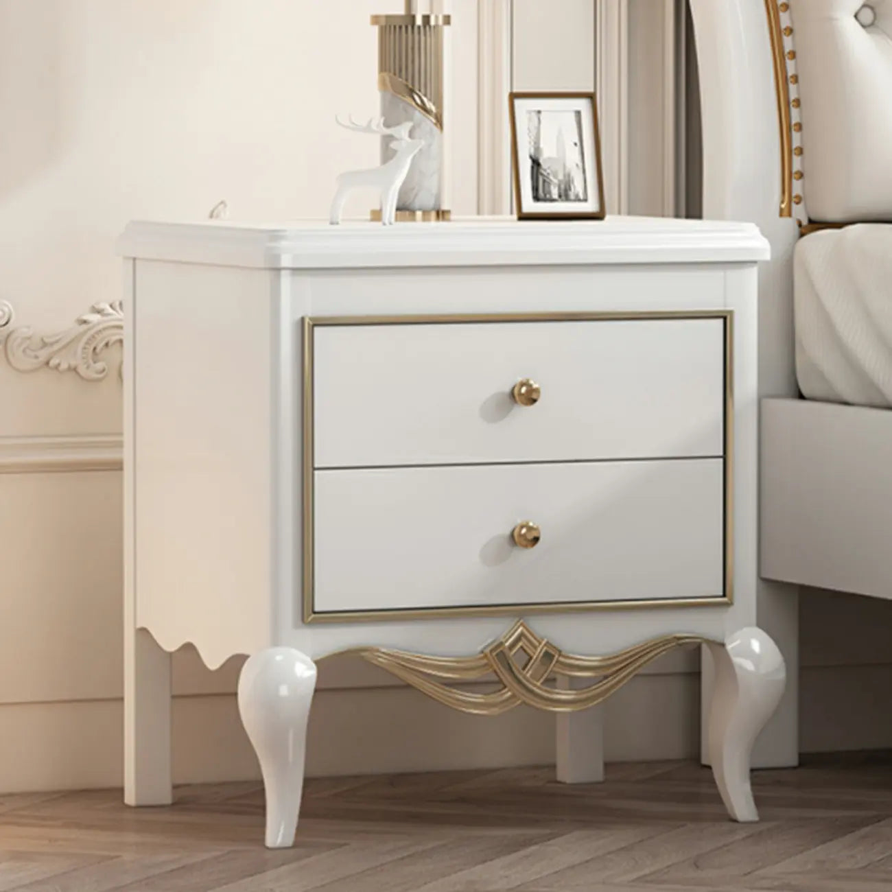 Table de chevet glamour en bois d'hévéa blanc à 2 tiroirs avec pieds