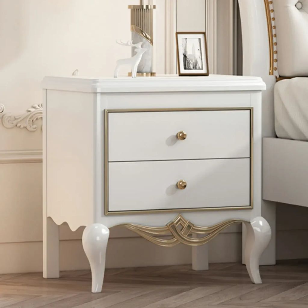 Table de chevet glamour en bois d'hévéa blanc à 2 tiroirs avec pieds