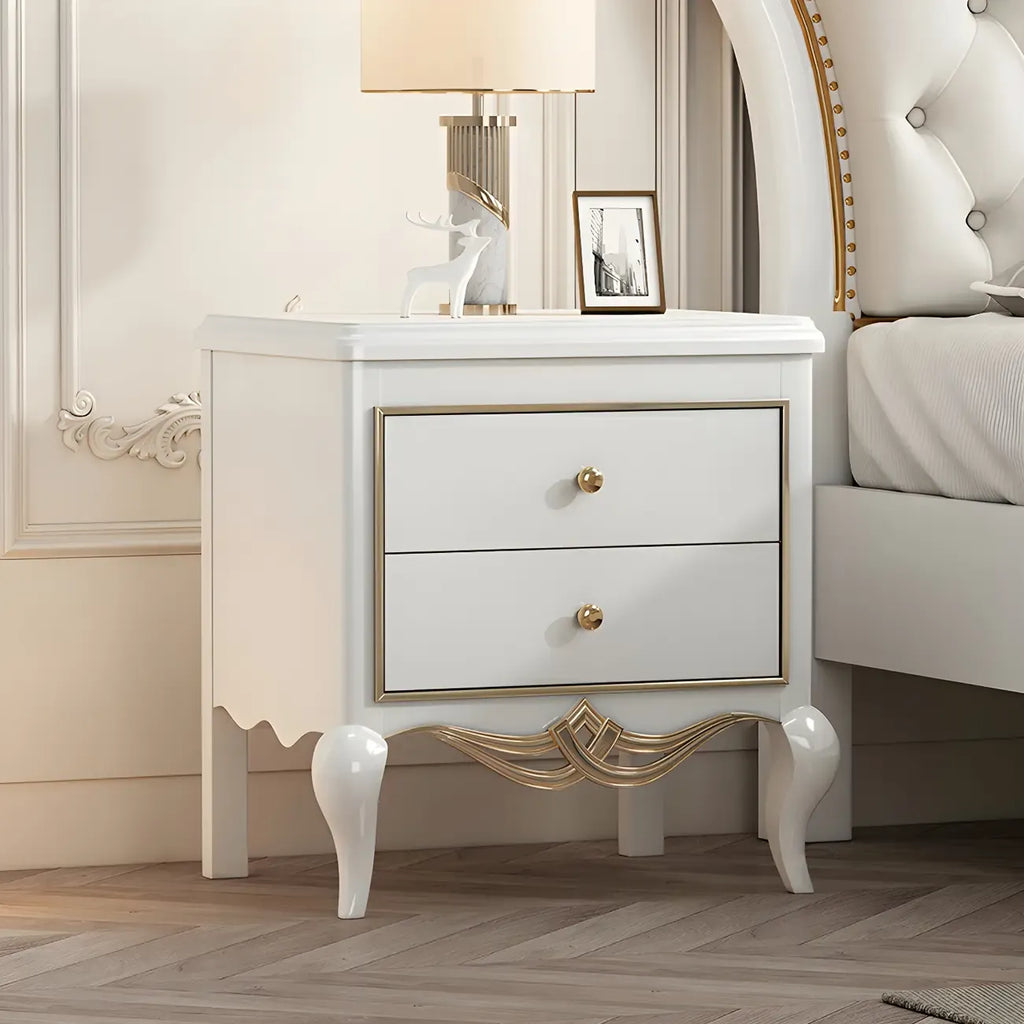 Table de chevet glamour en bois d'hévéa blanc à 2 tiroirs avec pieds
