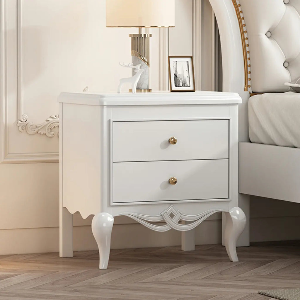 Table de chevet glamour en bois d'hévéa blanc à 2 tiroirs avec pieds