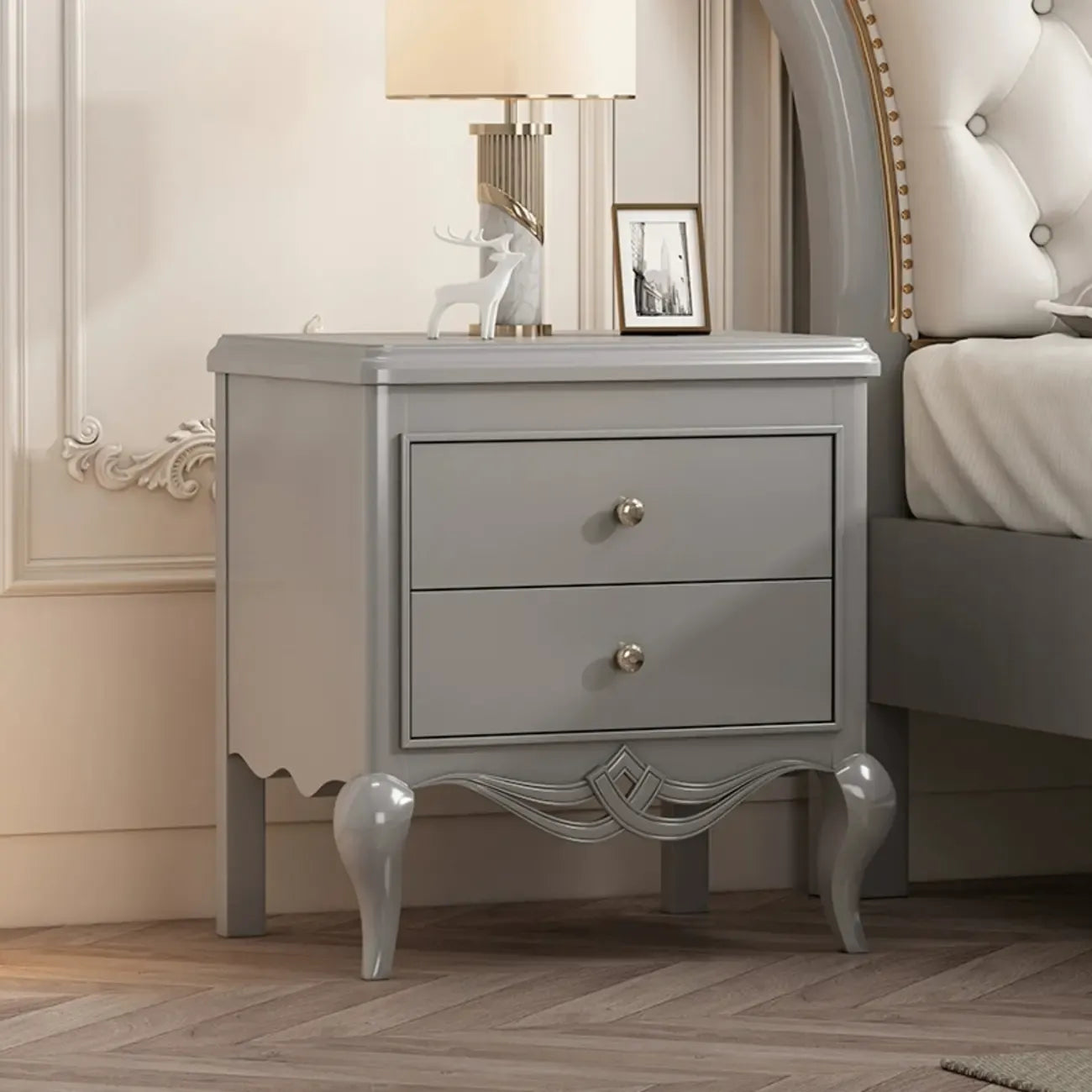 Table de chevet glamour en bois d'hévéa blanc à 2 tiroirs avec pieds
