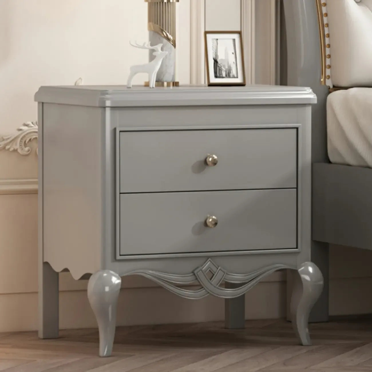 Table de chevet glamour en bois d'hévéa blanc à 2 tiroirs avec pieds