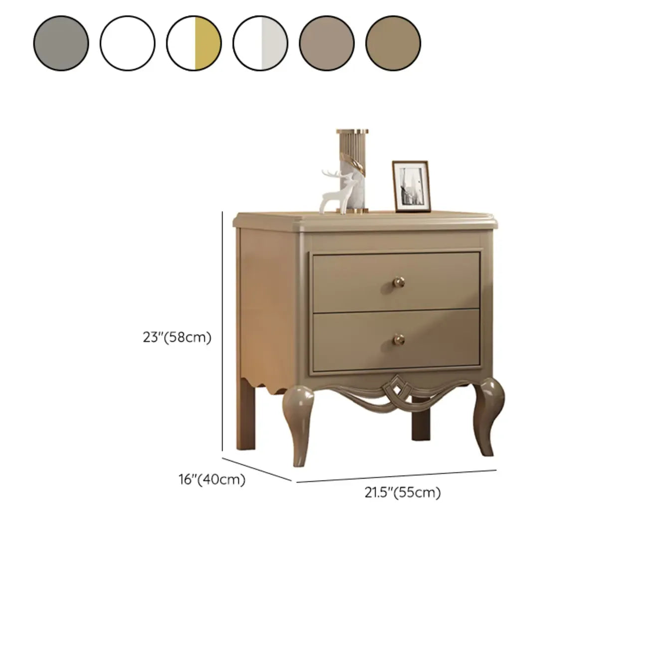 Table de chevet glamour en bois d'hévéa blanc à 2 tiroirs avec pieds