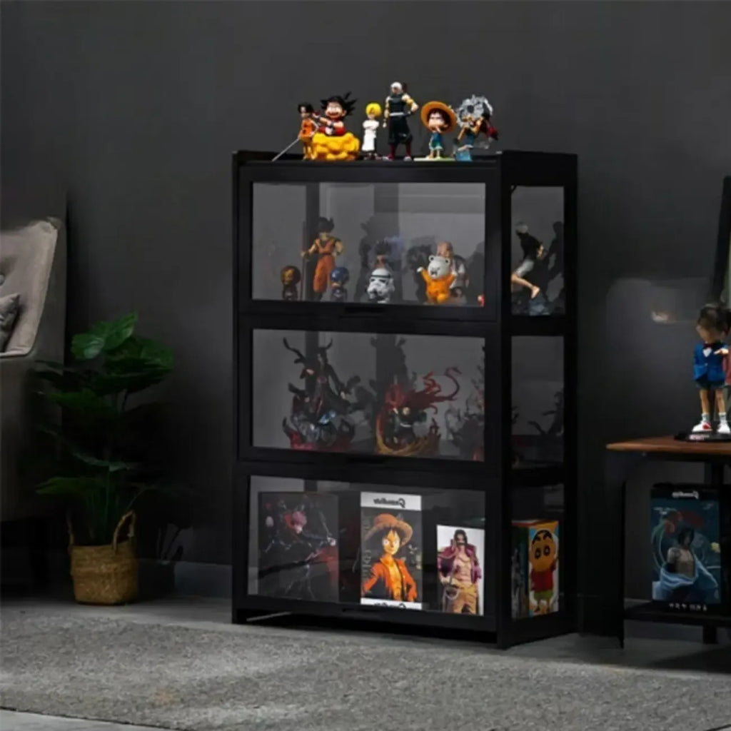 Vitrine moderne en bambou noir et verre avec porte rabattable
