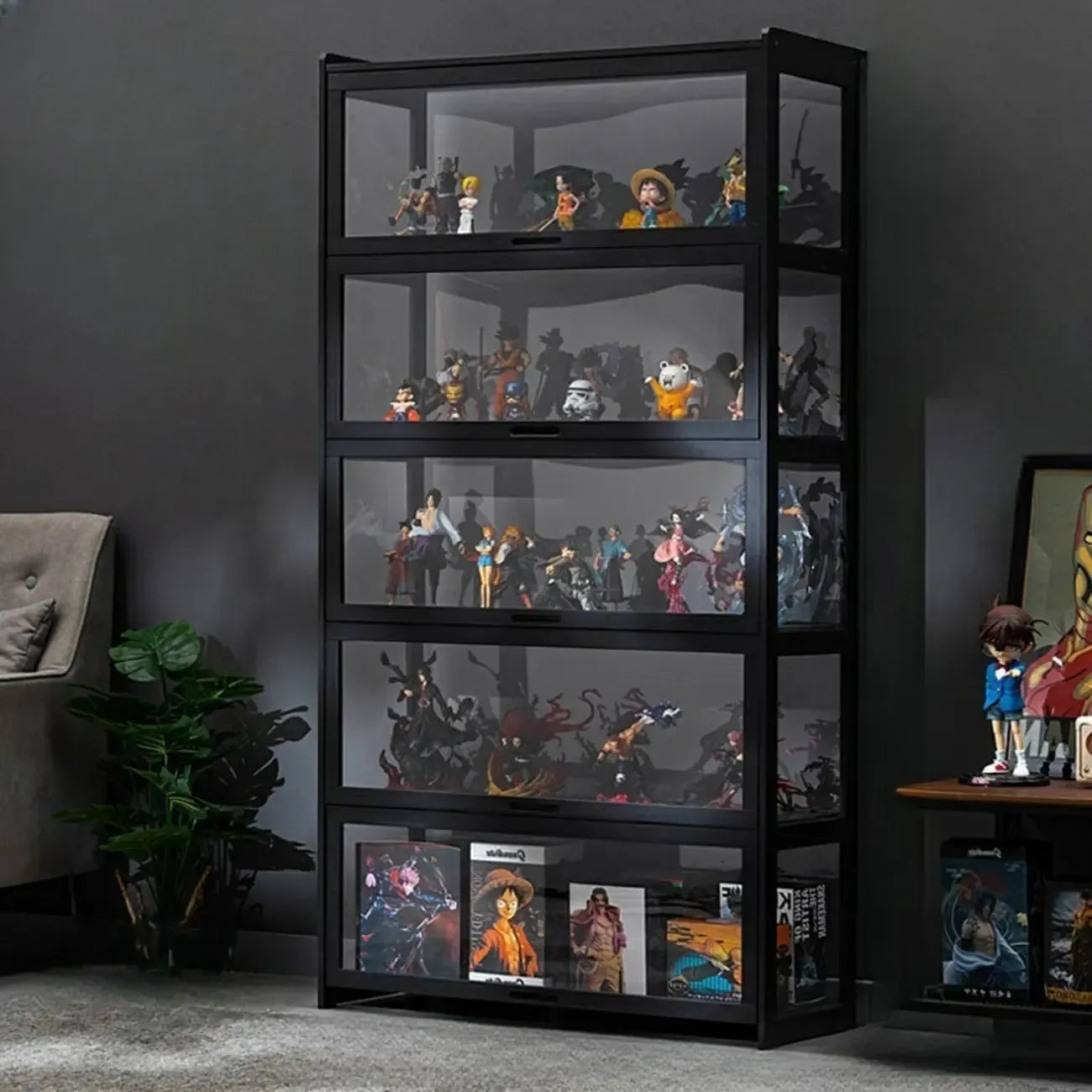 Vitrine moderne en bambou noir et verre avec porte rabattable