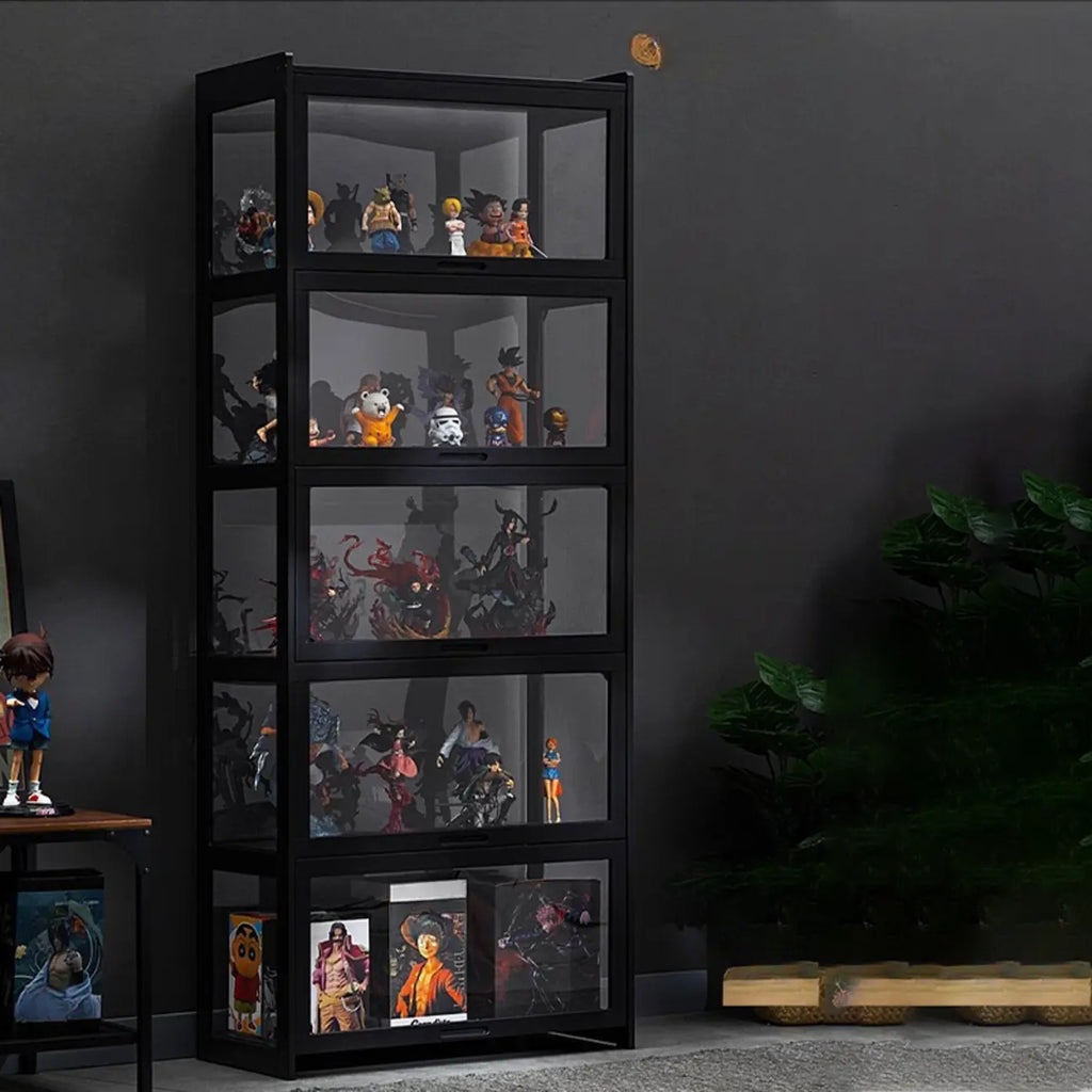 Vitrine moderne en bambou noir et verre avec porte rabattable