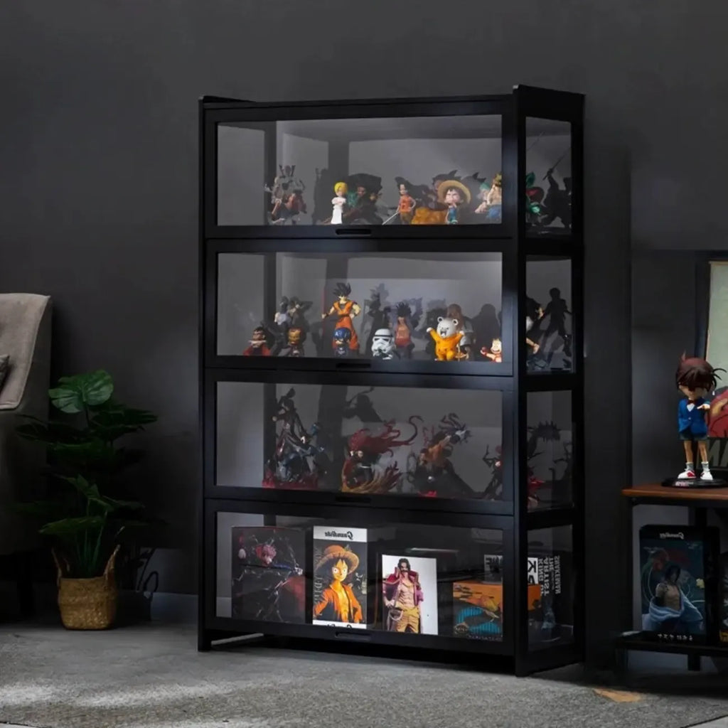Vitrine moderne en bambou noir et verre avec porte rabattable