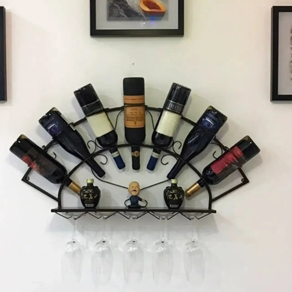 Porte-bouteilles et verres mural en métal simple en forme d'éventail