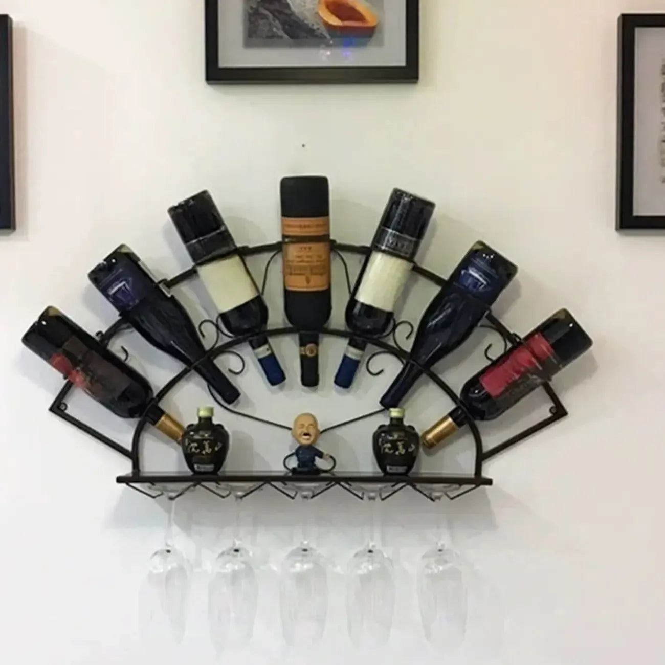 Porte-bouteilles et verres mural en métal simple en forme d'éventail