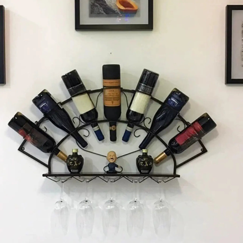 Porte-bouteilles et verres mural en métal simple en forme d'éventail