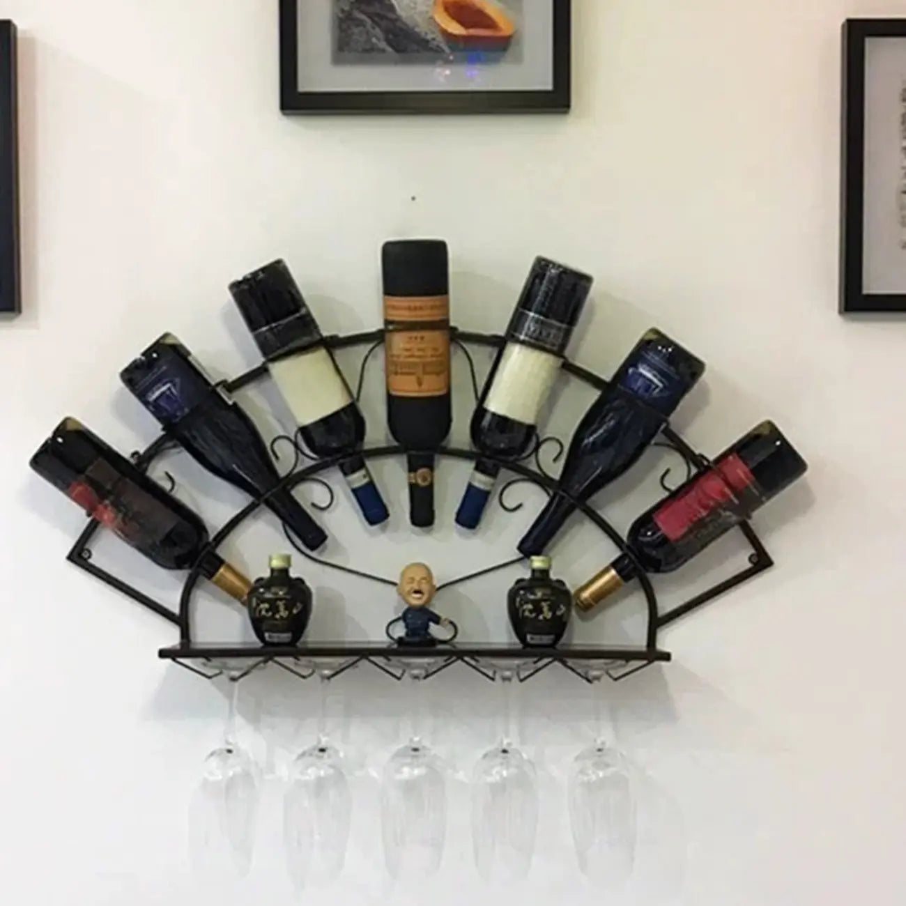 Porte-bouteilles et verres mural en métal simple en forme d'éventail