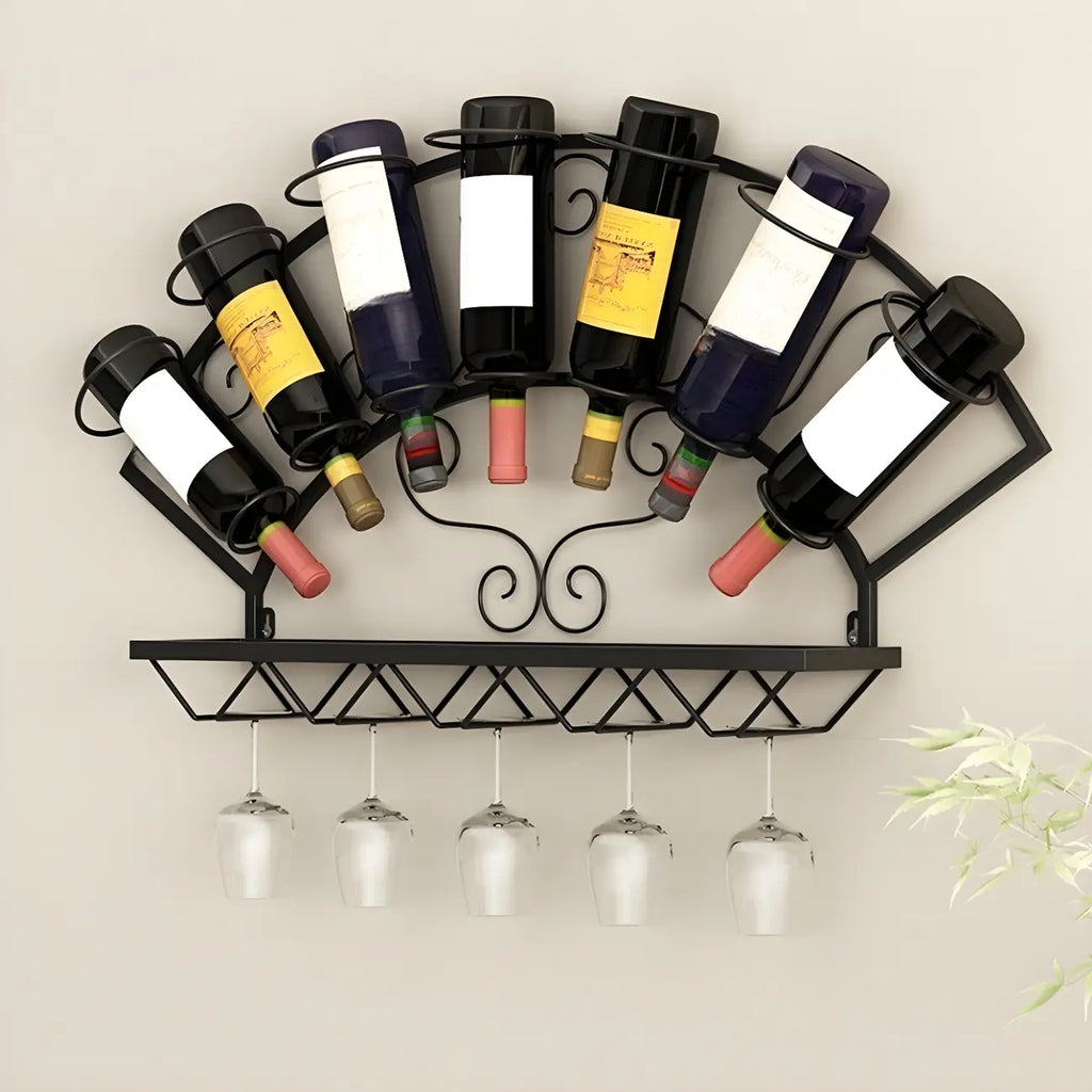 Porte-bouteilles et verres mural en métal simple en forme d'éventail