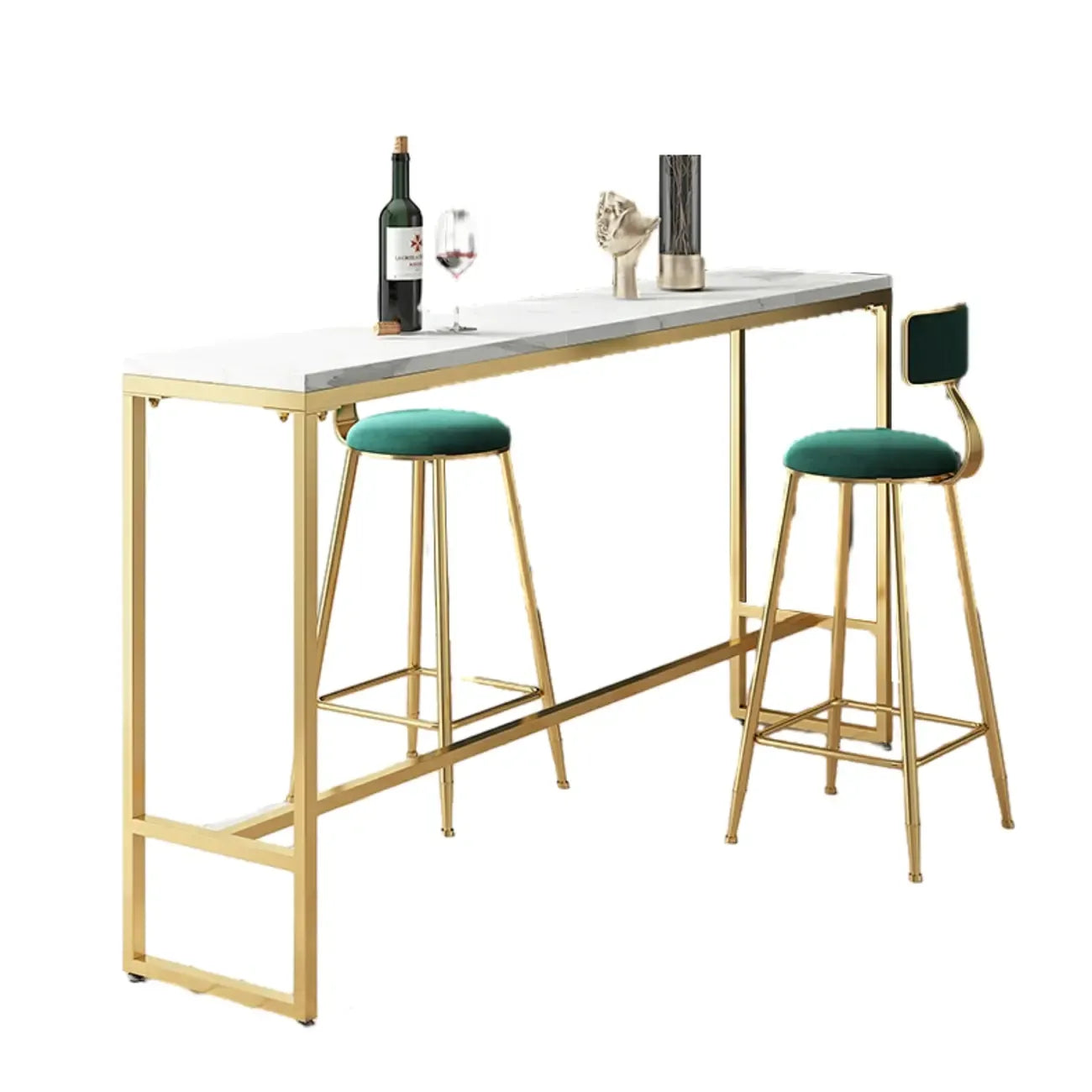 Tables de bar glamour en marbre blanc, fer doré et tréteaux avec repose-pieds