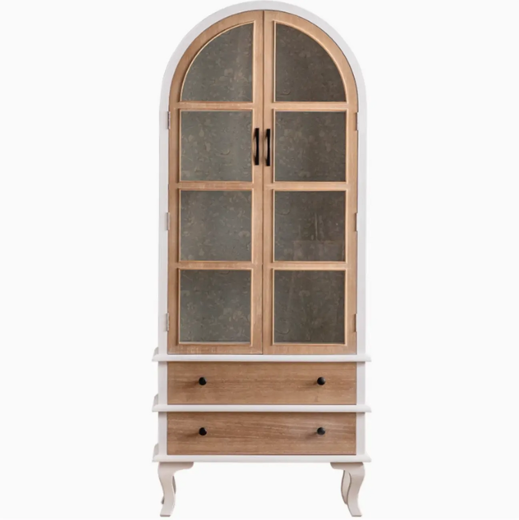 Vetrina ad arco in legno chiaro con ante in vetro e cassetti