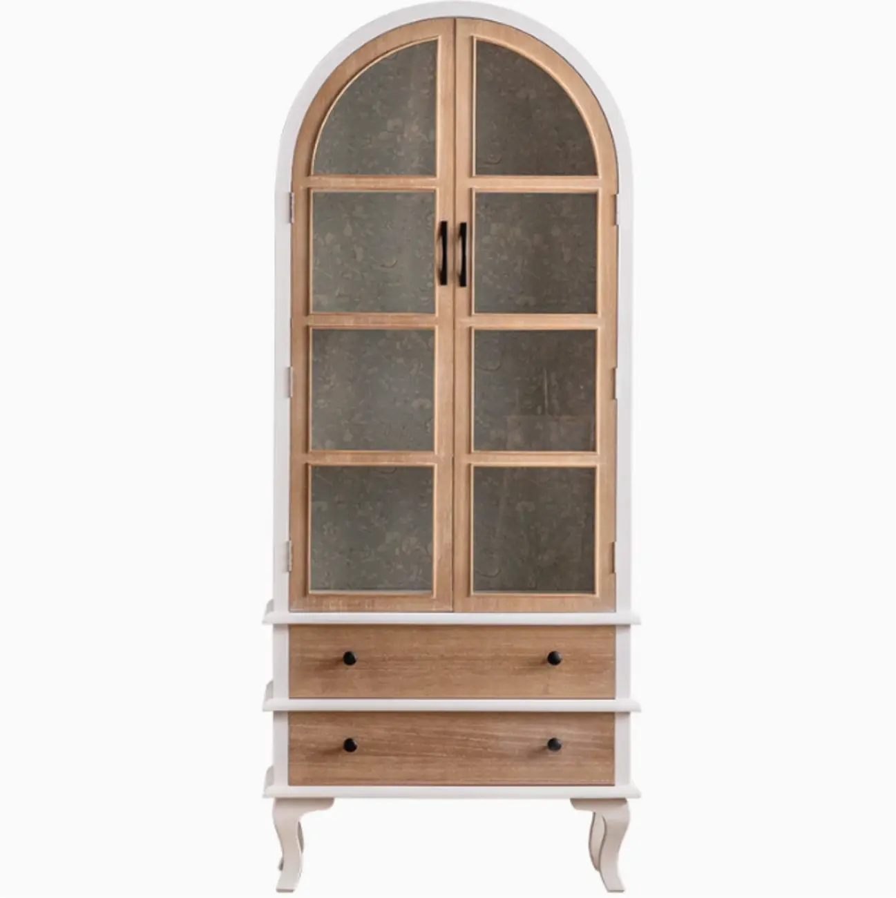 Vetrina ad arco in legno chiaro con ante in vetro e cassetti