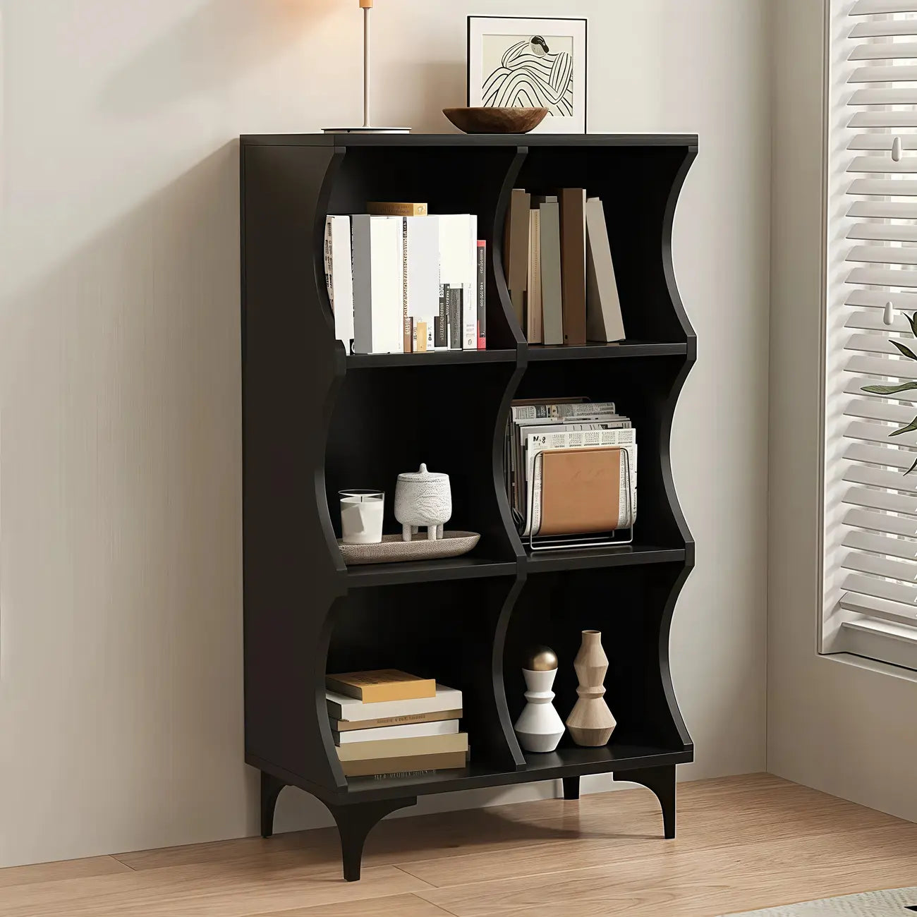 Bibliothèque modulaire moderne en bois noir à 2 niveaux en forme de cube