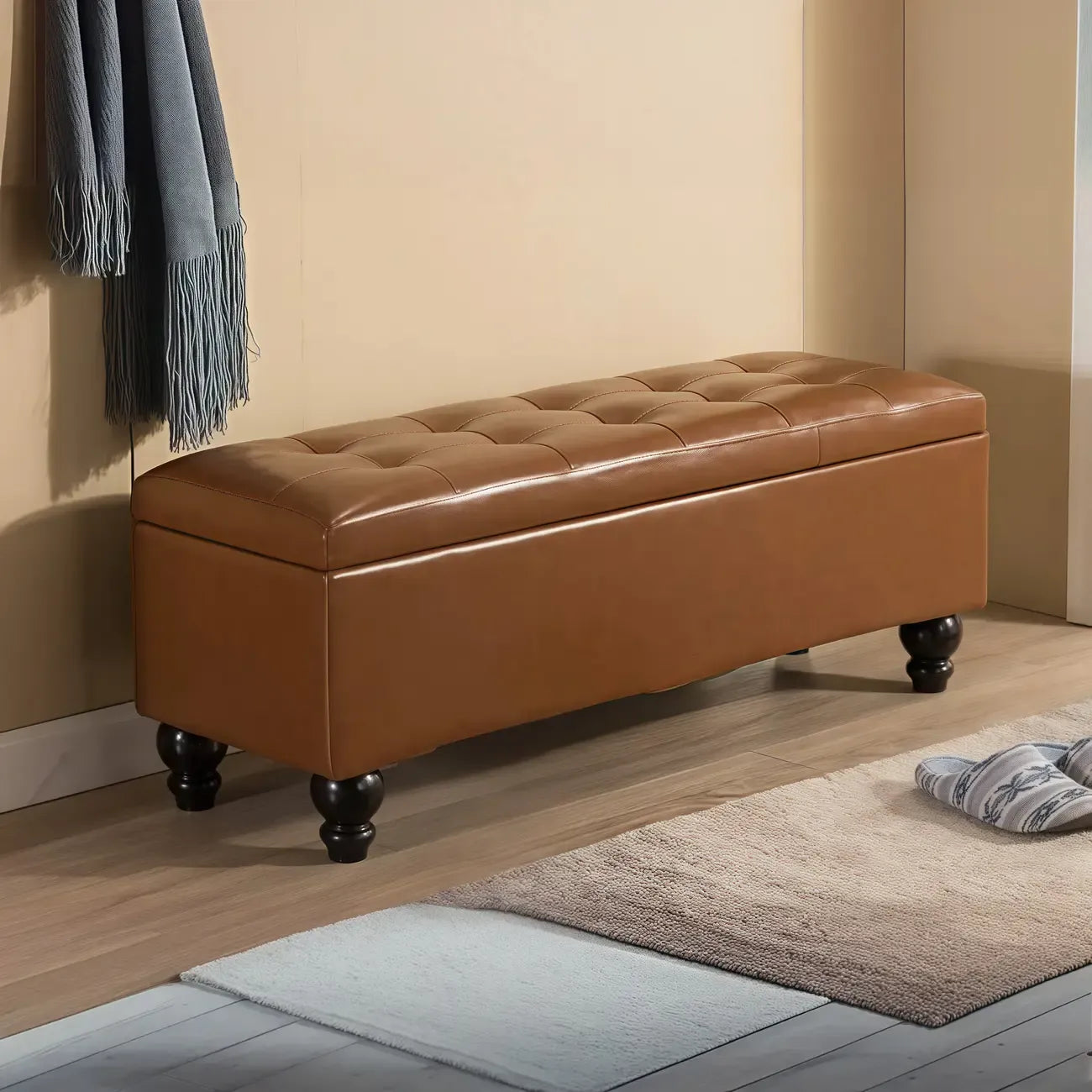 Banc d'entrée moderne avec couvercle rabattable et rangement en similicuir