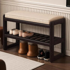 Banc d'entrée en bois massif recouvert de tissu noir avec rangement