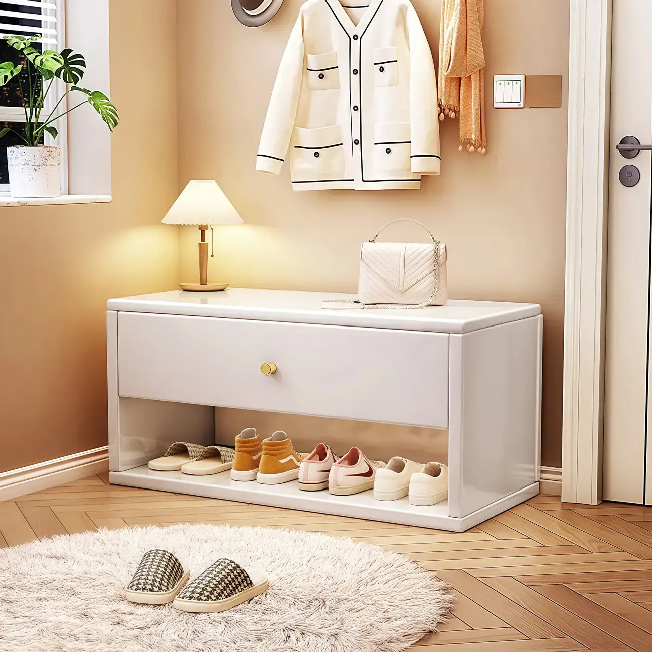 Banc d'entrée compact en noyer avec tiroir