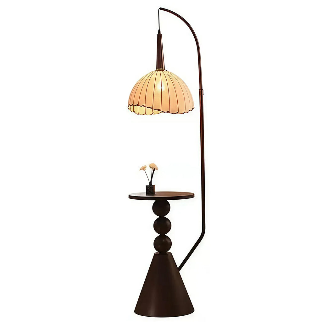 Lampada da terra ad arco regolabile in legno a cupola beige con tavolo