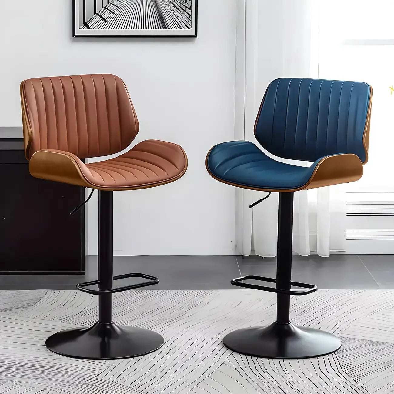 Tabouret de bar pivotant et réglable en bois et cuir rouge élégant
