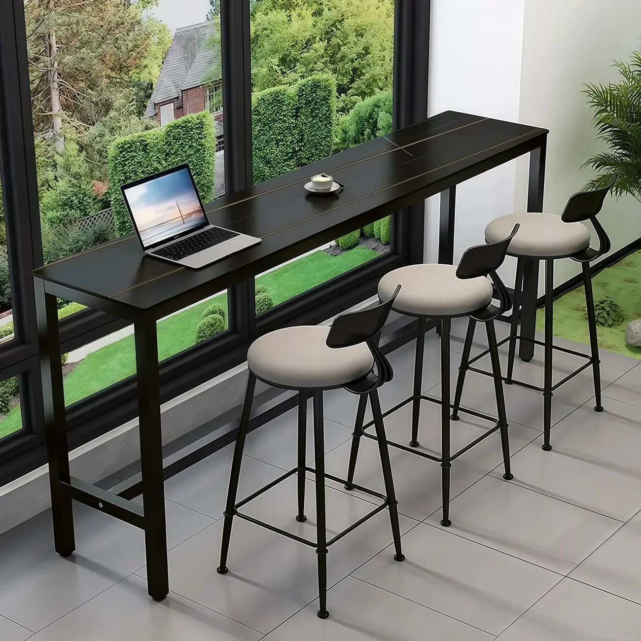 Table haute de bar moderne avec plateau en pierre grise et piètement à tréteaux