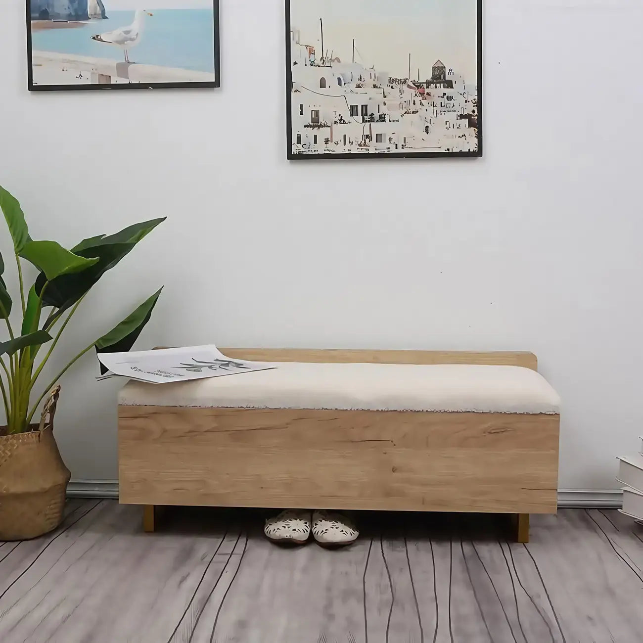 Banc de rangement à chaussures rembourré Nordic Wood à couvercle relevable