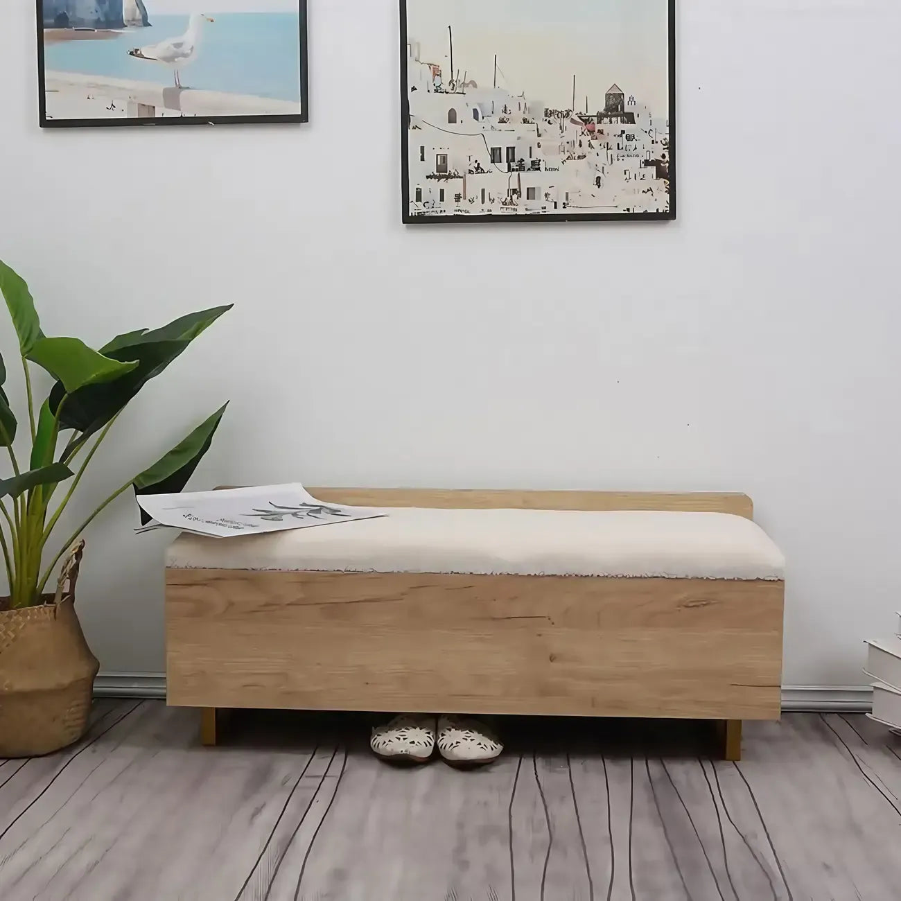 Banc de rangement à chaussures rembourré Nordic Wood à couvercle relevable