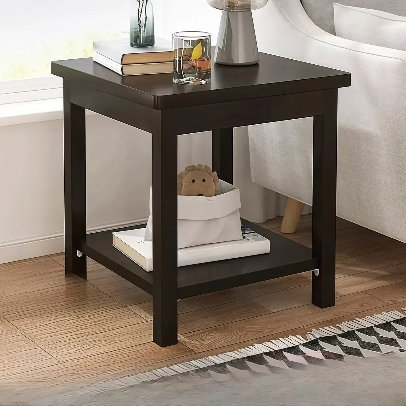 Table d'appoint minimaliste en bois noir avec rangement pour salon