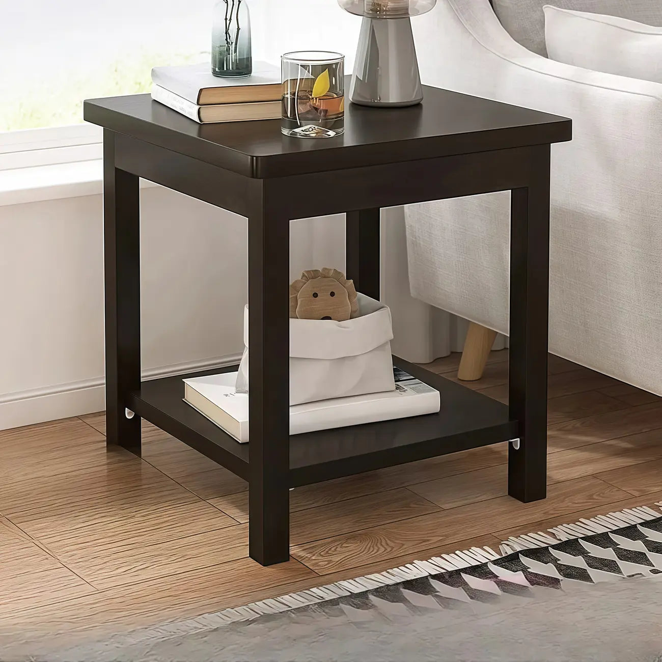 Table d'appoint minimaliste en bois noir avec rangement pour salon