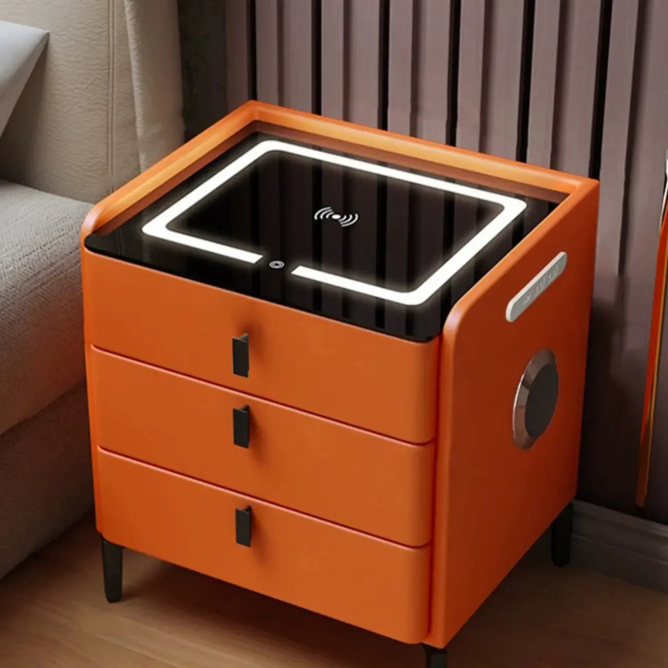 Table de chevet étroite en bois avec plateau en verre, 3 tiroirs et éclairage intégré