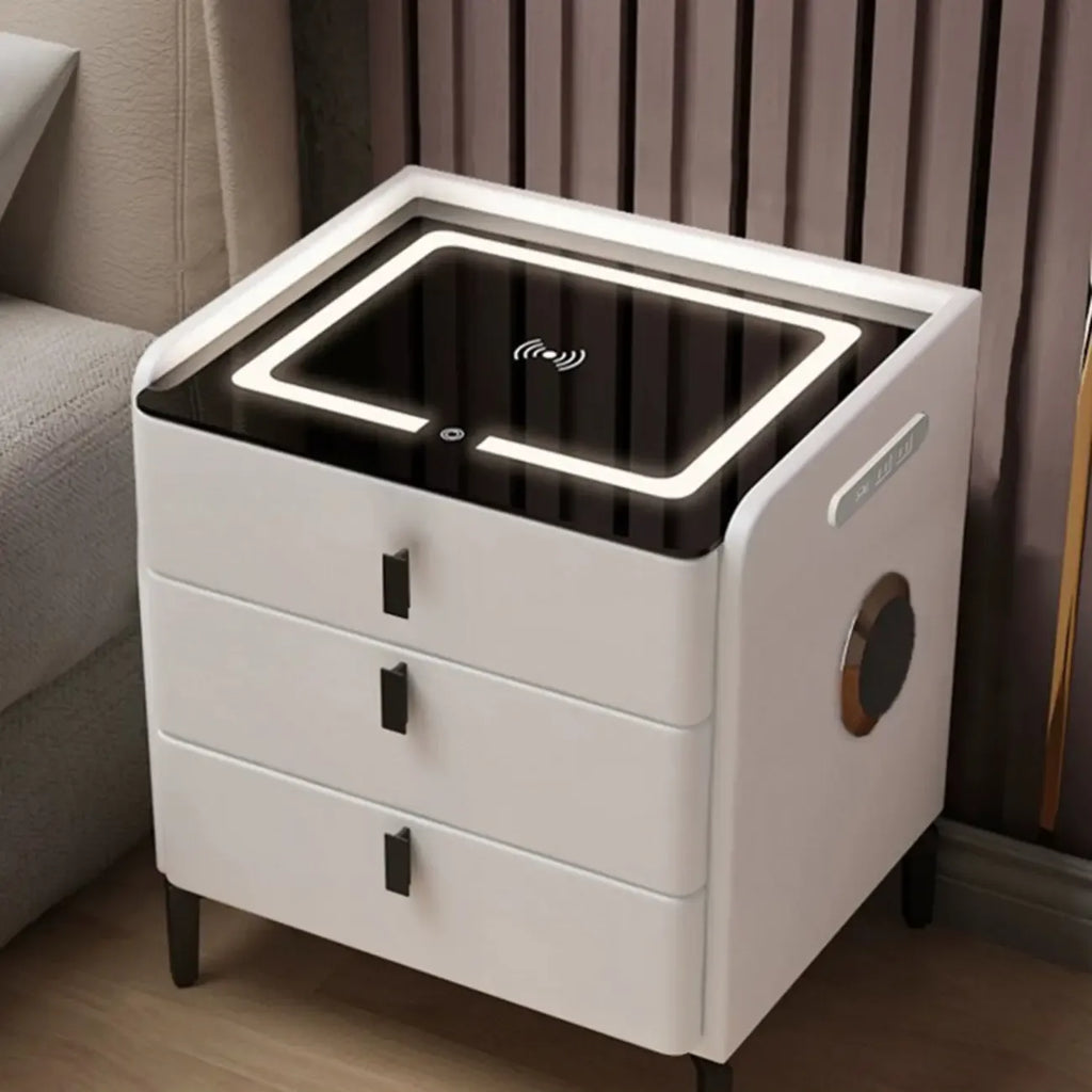 Table de chevet étroite en bois avec plateau en verre, 3 tiroirs et éclairage intégré