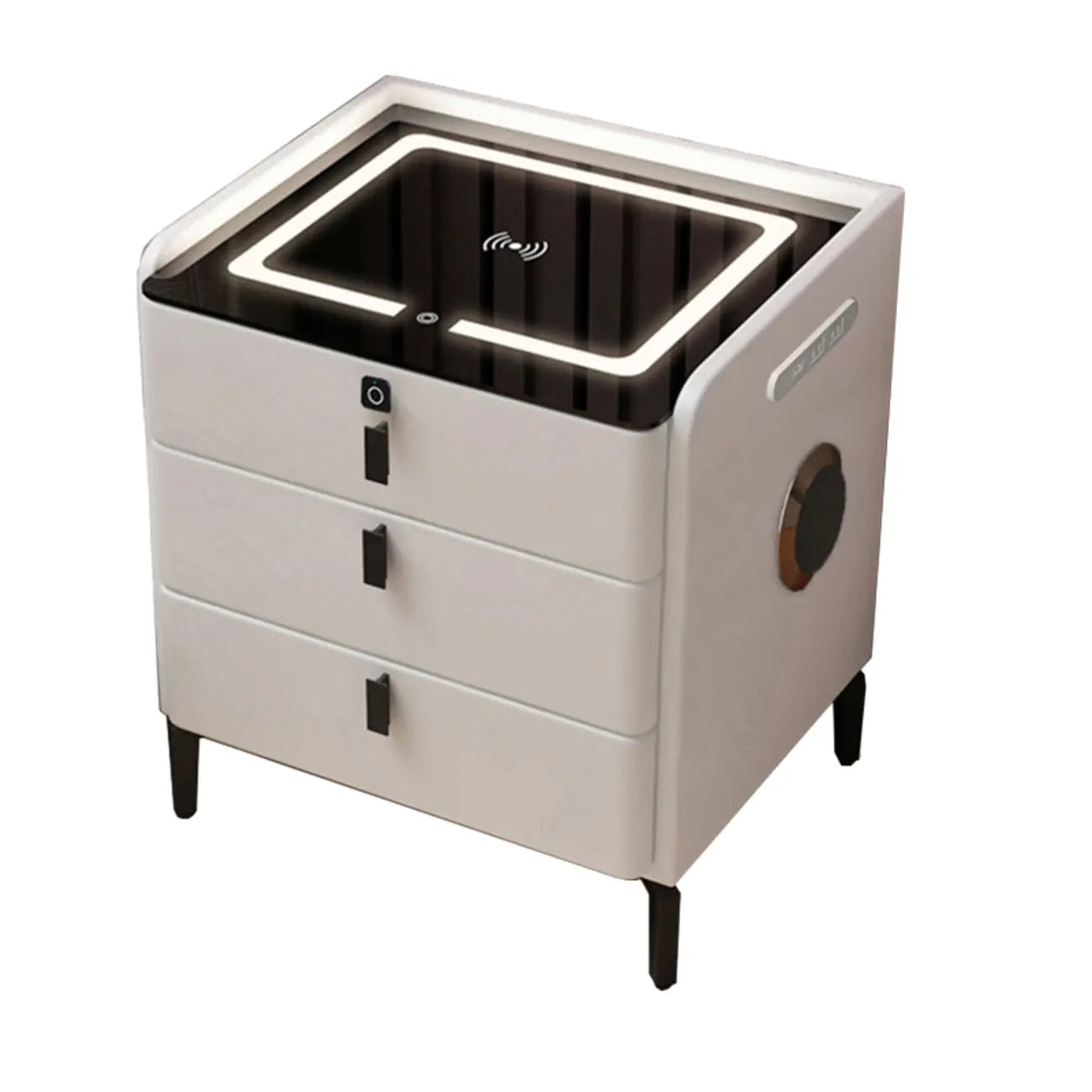 Table de chevet étroite en bois avec plateau en verre, 3 tiroirs et éclairage intégré
