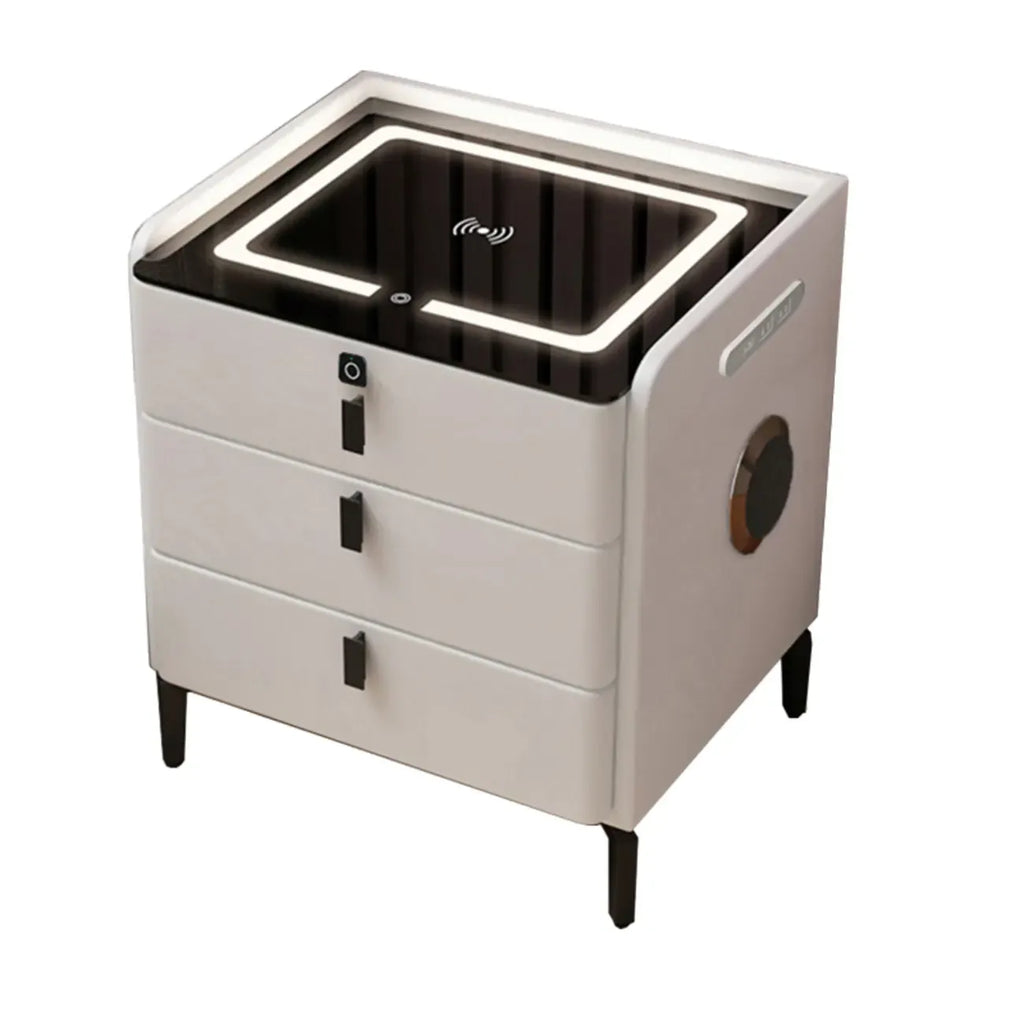 Table de chevet étroite en bois avec plateau en verre, 3 tiroirs et éclairage intégré