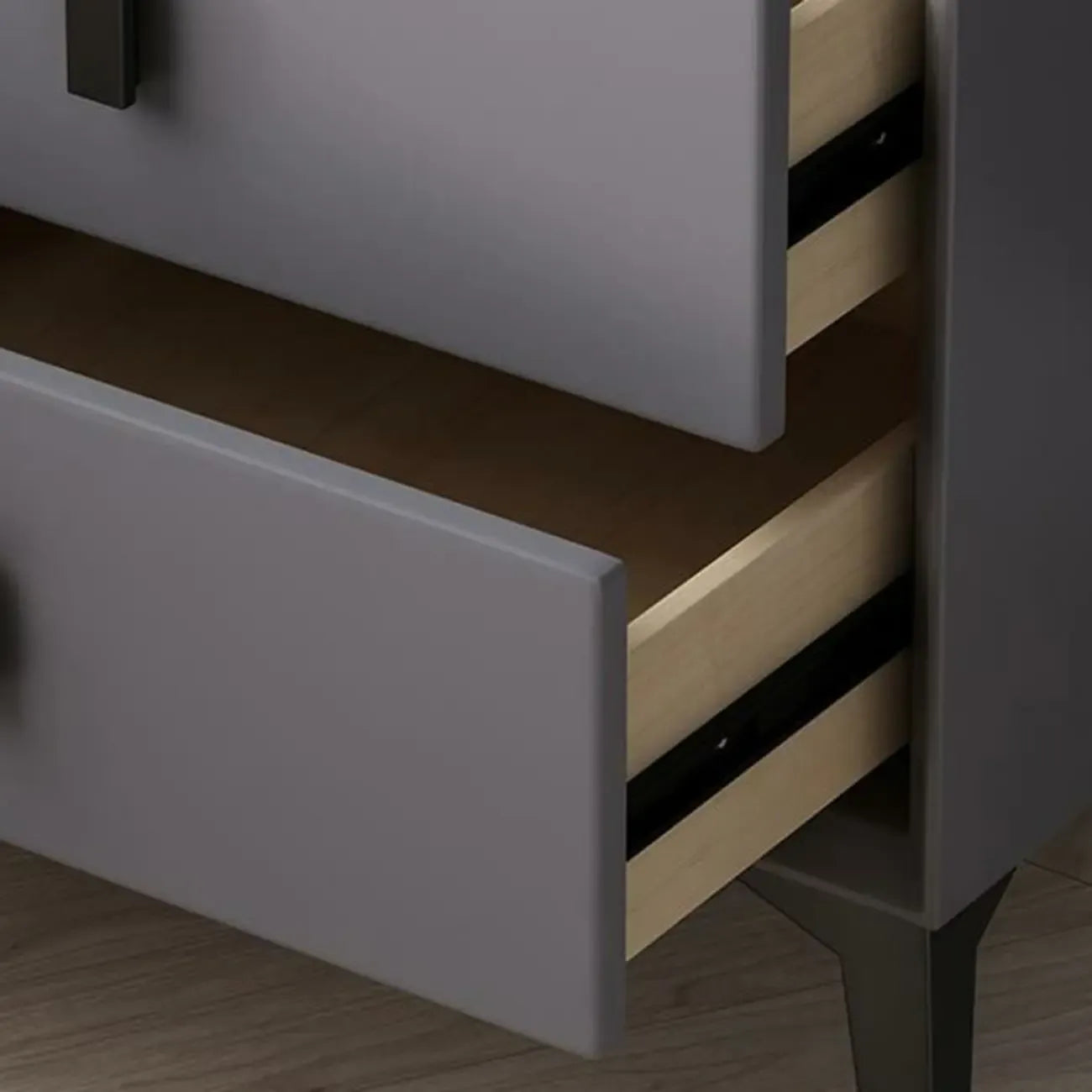 Table de chevet étroite en bois avec plateau en verre, 3 tiroirs et éclairage intégré