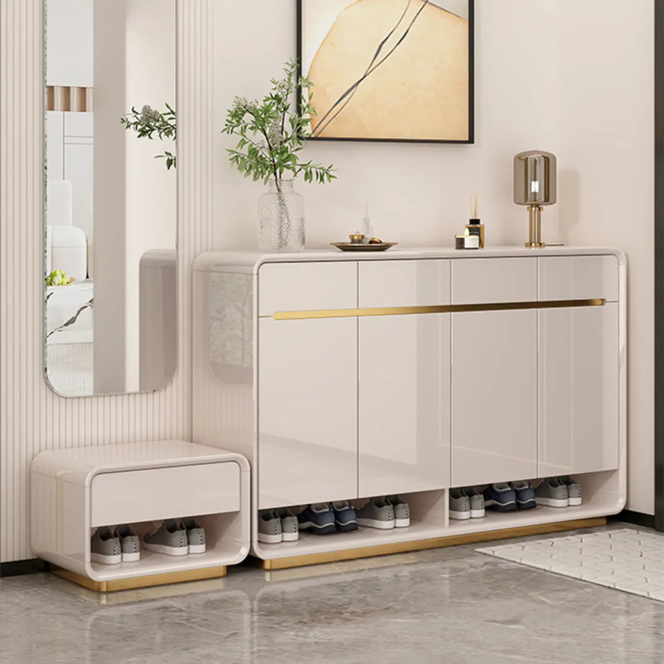 Meuble à chaussures en bois massif beige glamour avec plateau d'exposition