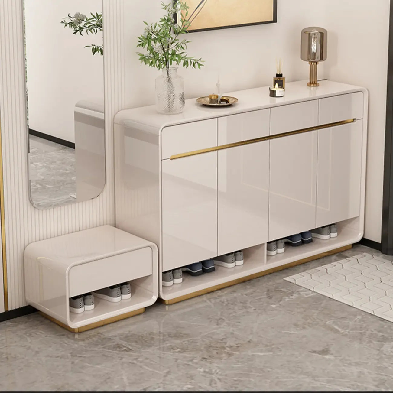 Meuble à chaussures en bois massif beige glamour avec plateau d'exposition