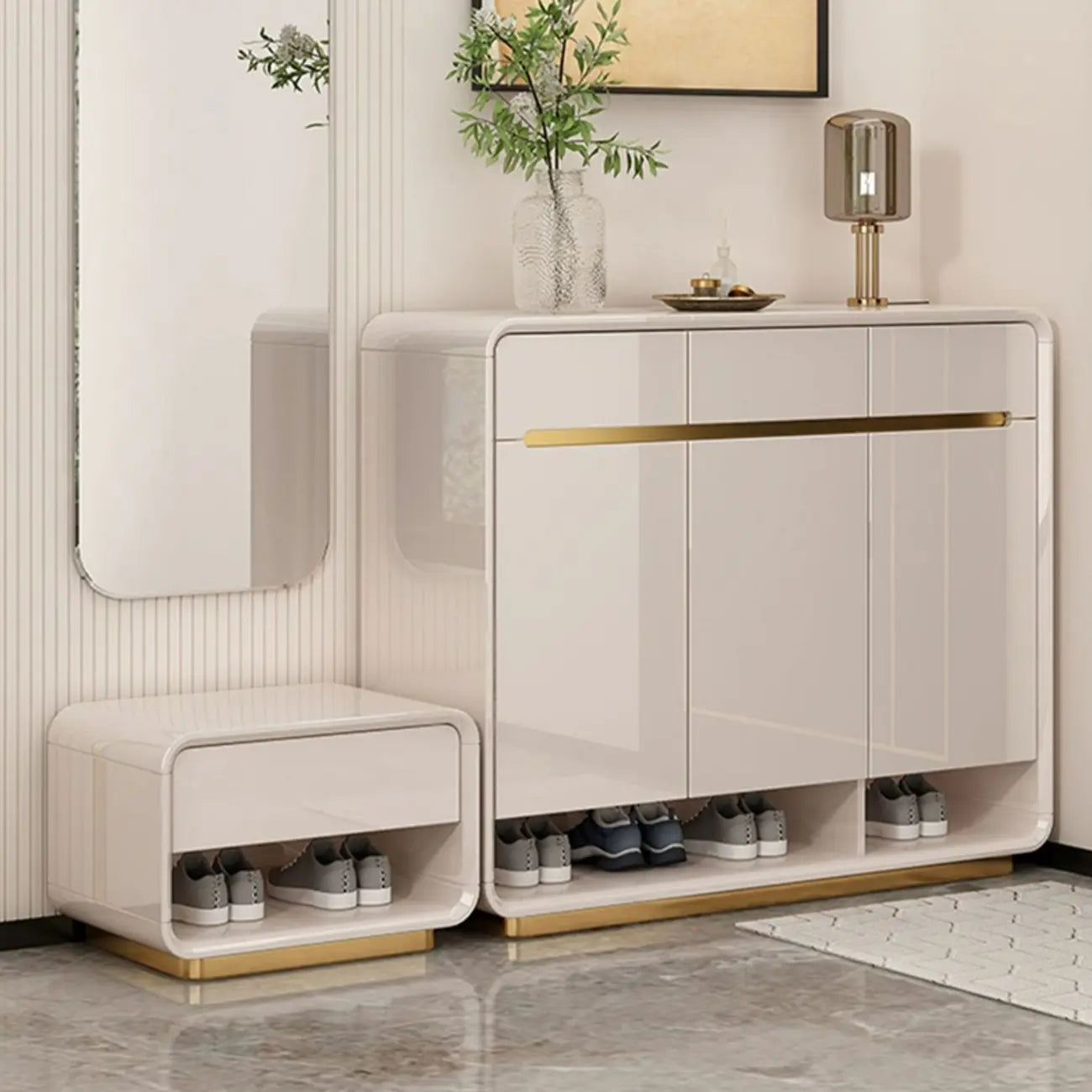 Meuble à chaussures en bois massif beige glamour avec plateau d'exposition