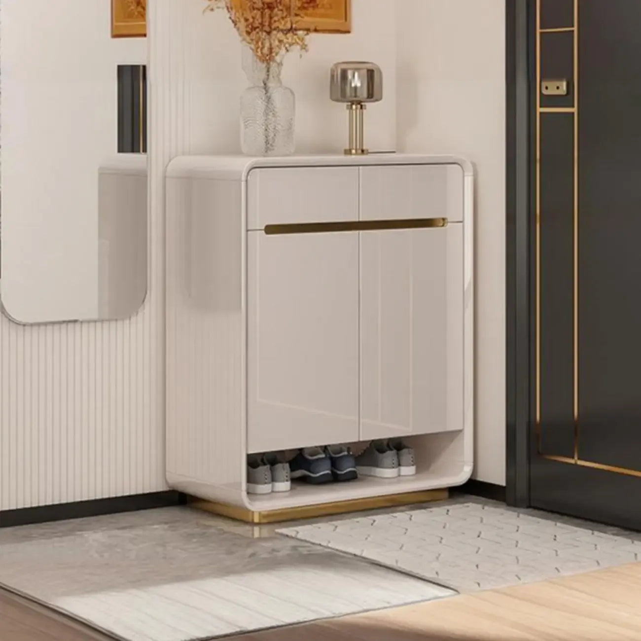 Meuble à chaussures en bois massif beige glamour avec plateau d'exposition
