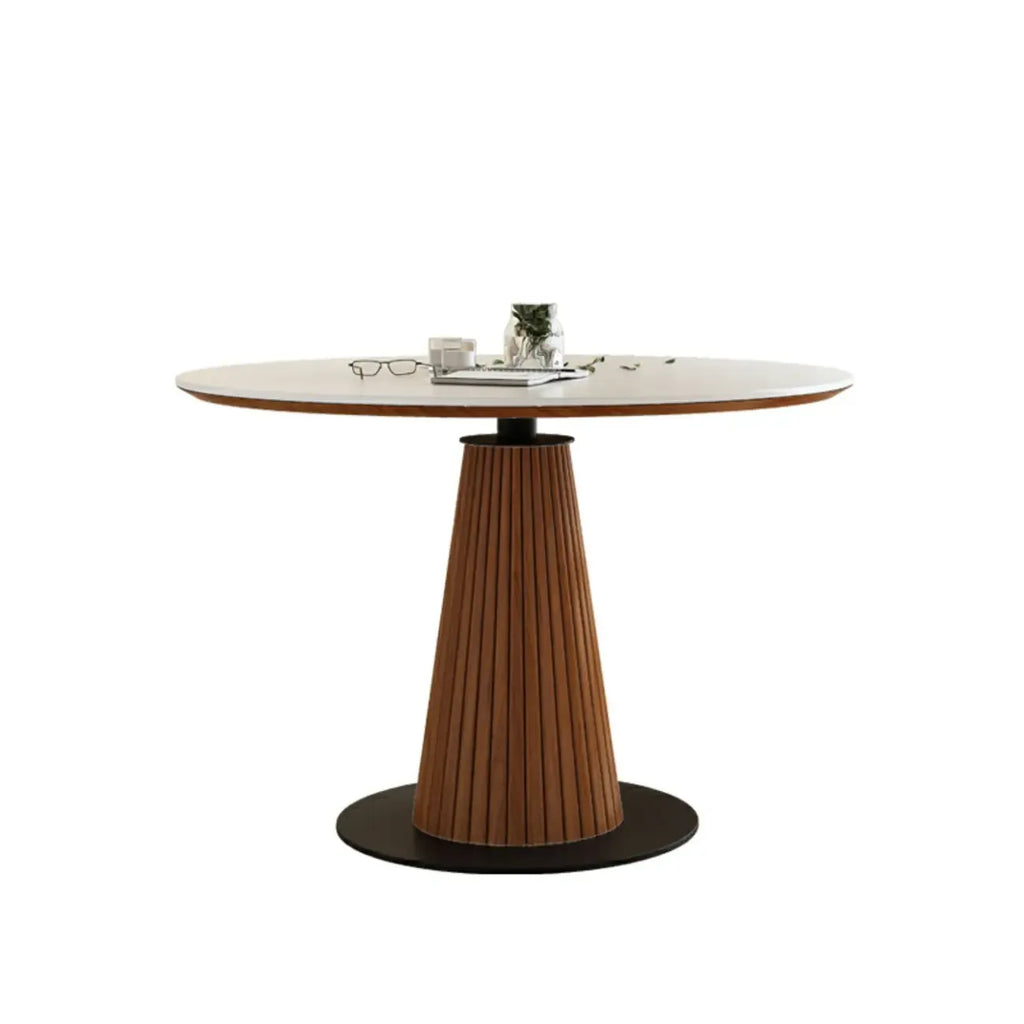 Table de salle à manger ronde scandinave en pierre blanche et bois brun