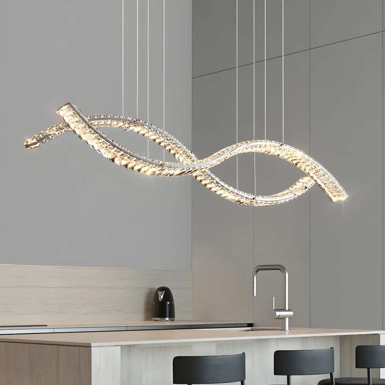 Suspension LED à intensité variable en cristal ondulé pour îlot de cuisine