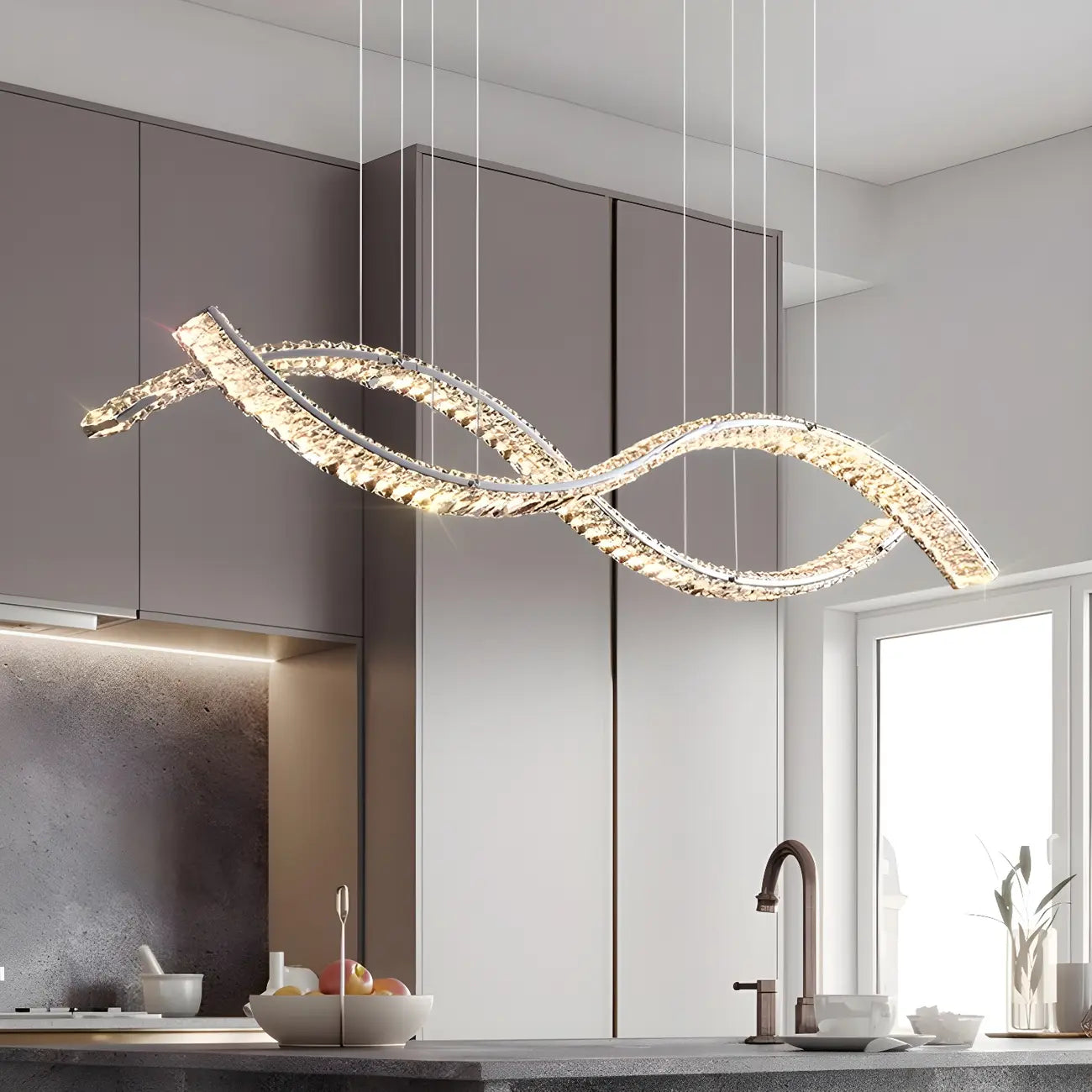 Suspension LED à intensité variable en cristal ondulé pour îlot de cuisine