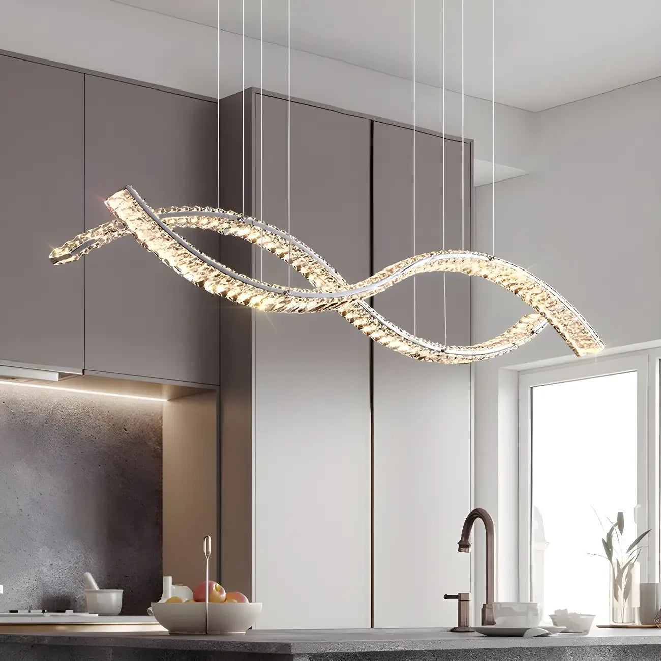 Suspension LED à intensité variable en cristal ondulé pour îlot de cuisine