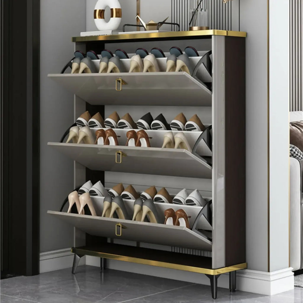 Meuble à chaussures en bois gris à façade rabattable pour entrée