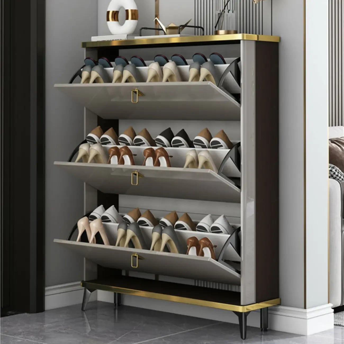 Meuble à chaussures en bois gris à façade rabattable pour entrée
