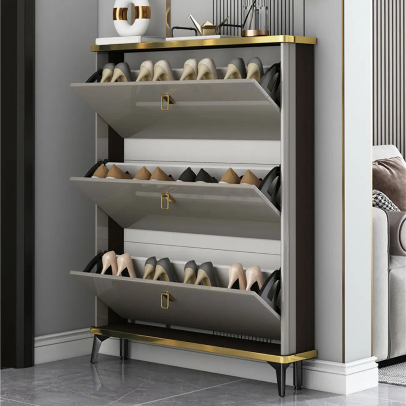 Meuble à chaussures en bois gris à façade rabattable pour entrée