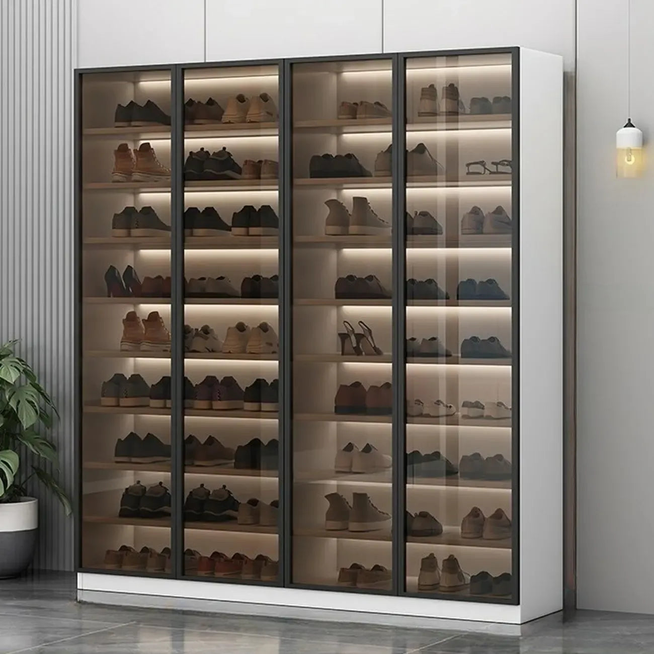 Meuble à chaussures gris/blanc glamour avec portes vitrées