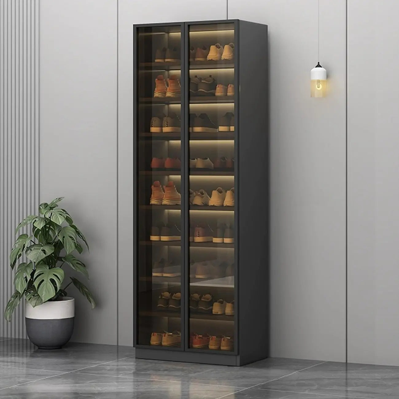 Meuble à chaussures gris/blanc glamour avec portes vitrées