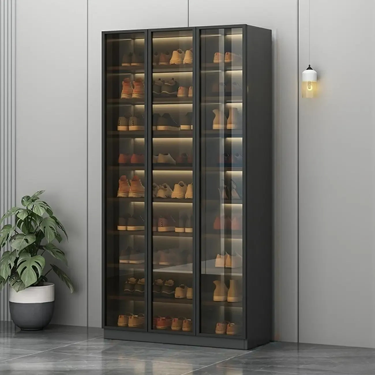 Meuble à chaussures gris/blanc glamour avec portes vitrées
