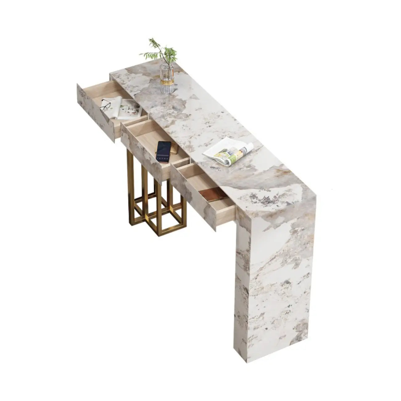 Tables de bar à piédestal en métal doré et finition pierre frittée glamour